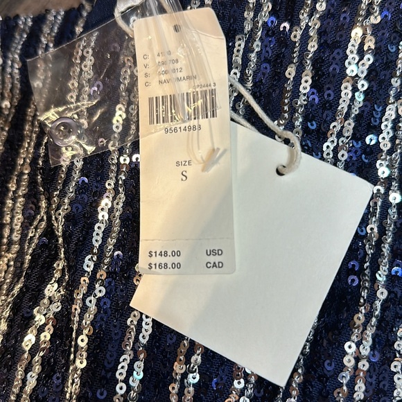 NWT! Anthropologie FLAT WHITE NAVY SHORT-SLEEVE SEQUIN STRIPE MIDI DRESS 🟠☮️ - Picture 12 of 12